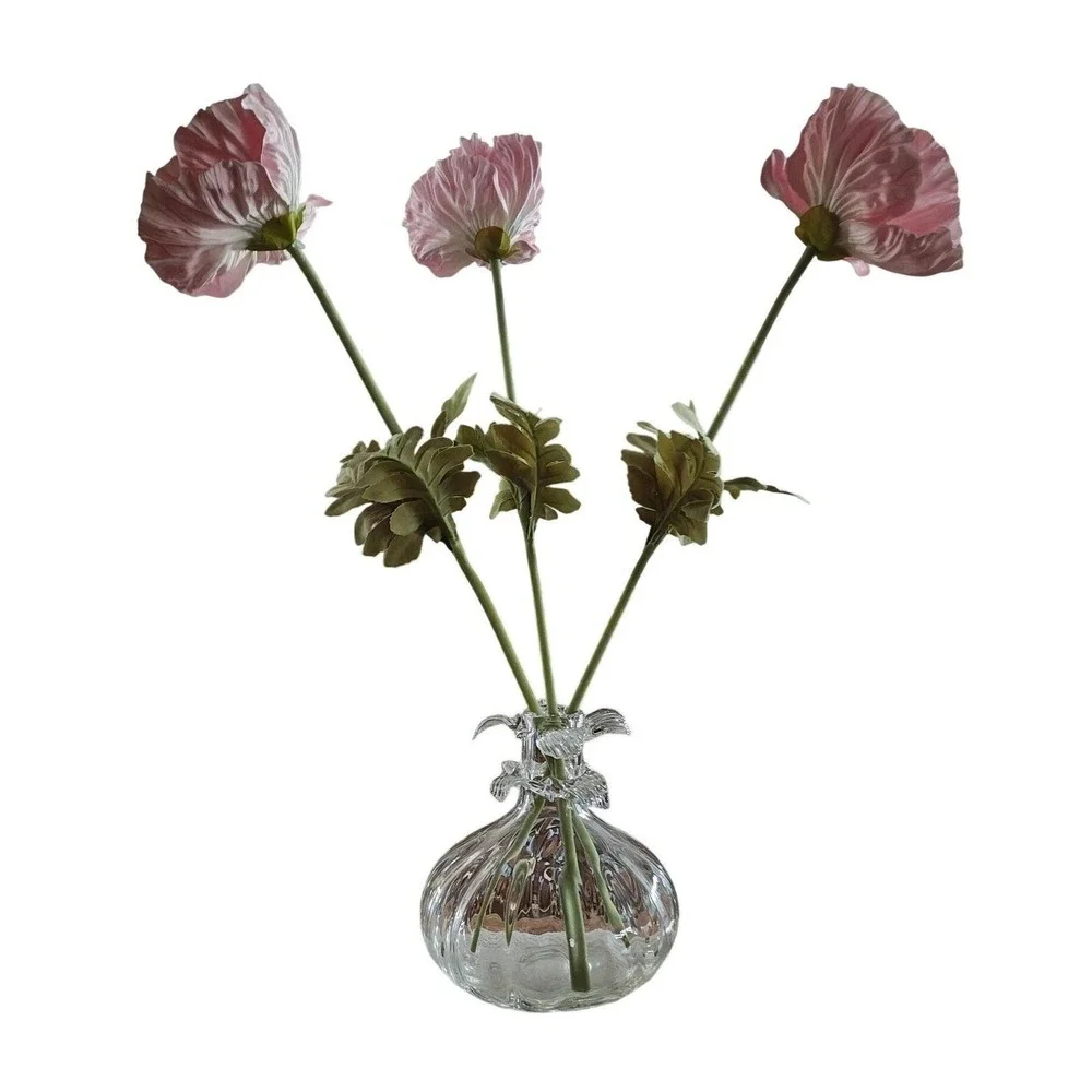Clear Ribbed Glass Bud Vase with Ruffled Collar and Faux Pink Poppy Flowers
